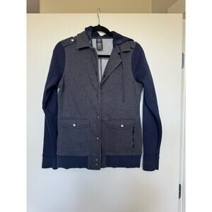 REI Womens Jacket Hooded Snap Button Up Navy Grey Long Sleeve S